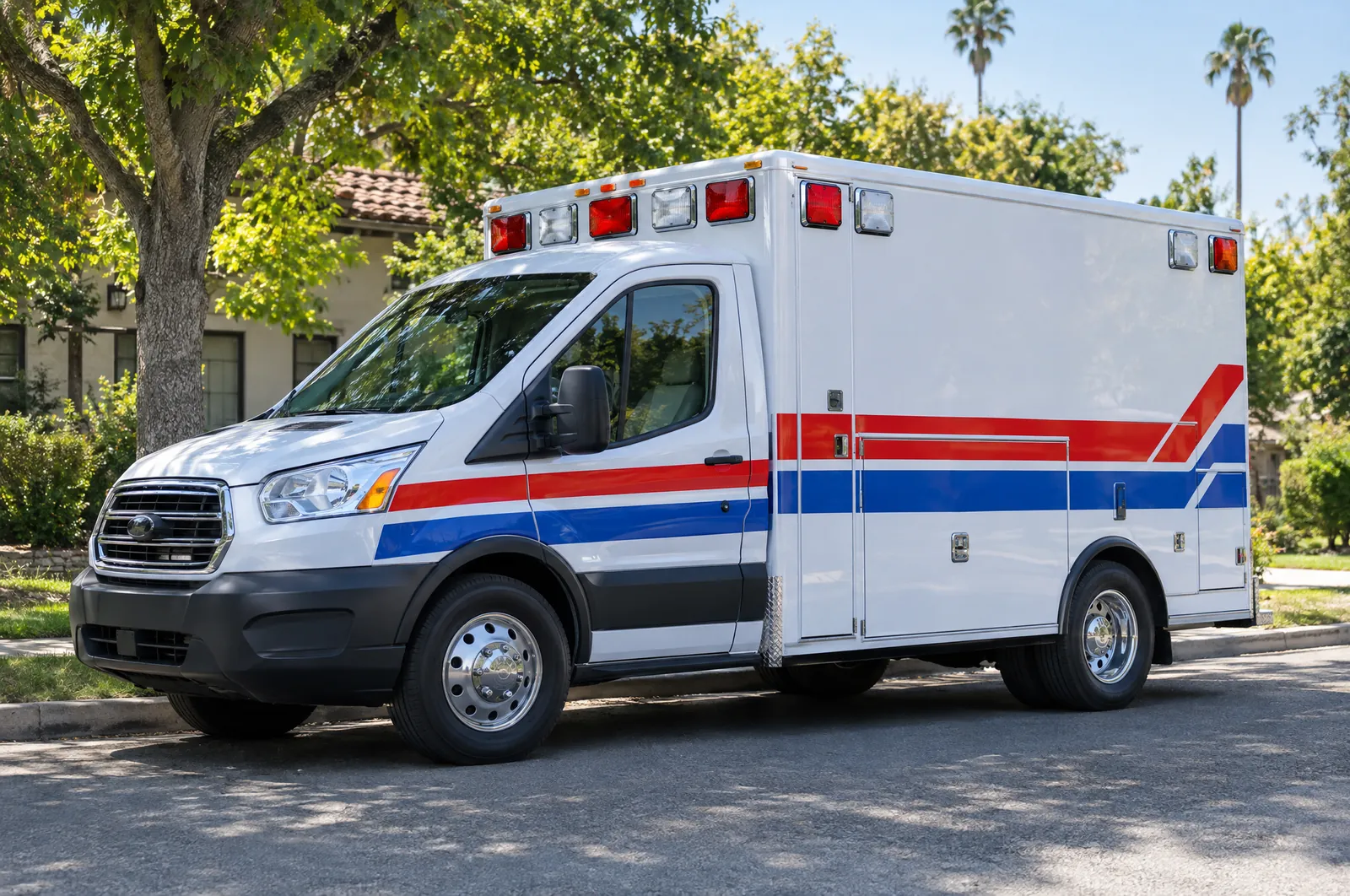 Ambulance parked on a sunny tree-lined Fresno street
